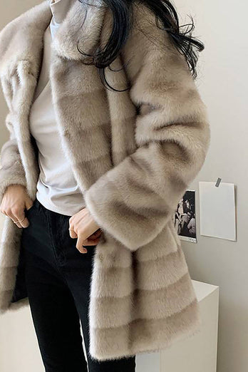 Grå Lapel Faux Fur Long Shaggy Coat