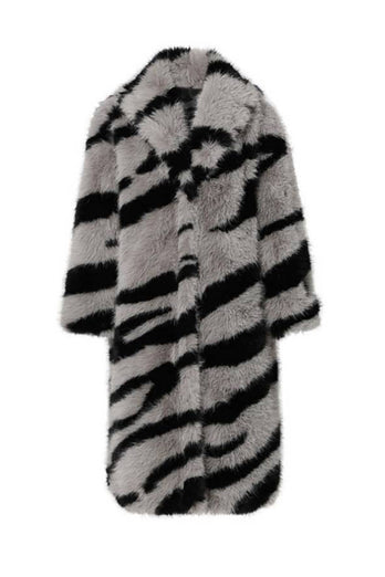 Mörkgrå Zebra Mönster Imitation Överdimensionerad lång fuskpäls Shearling Coat