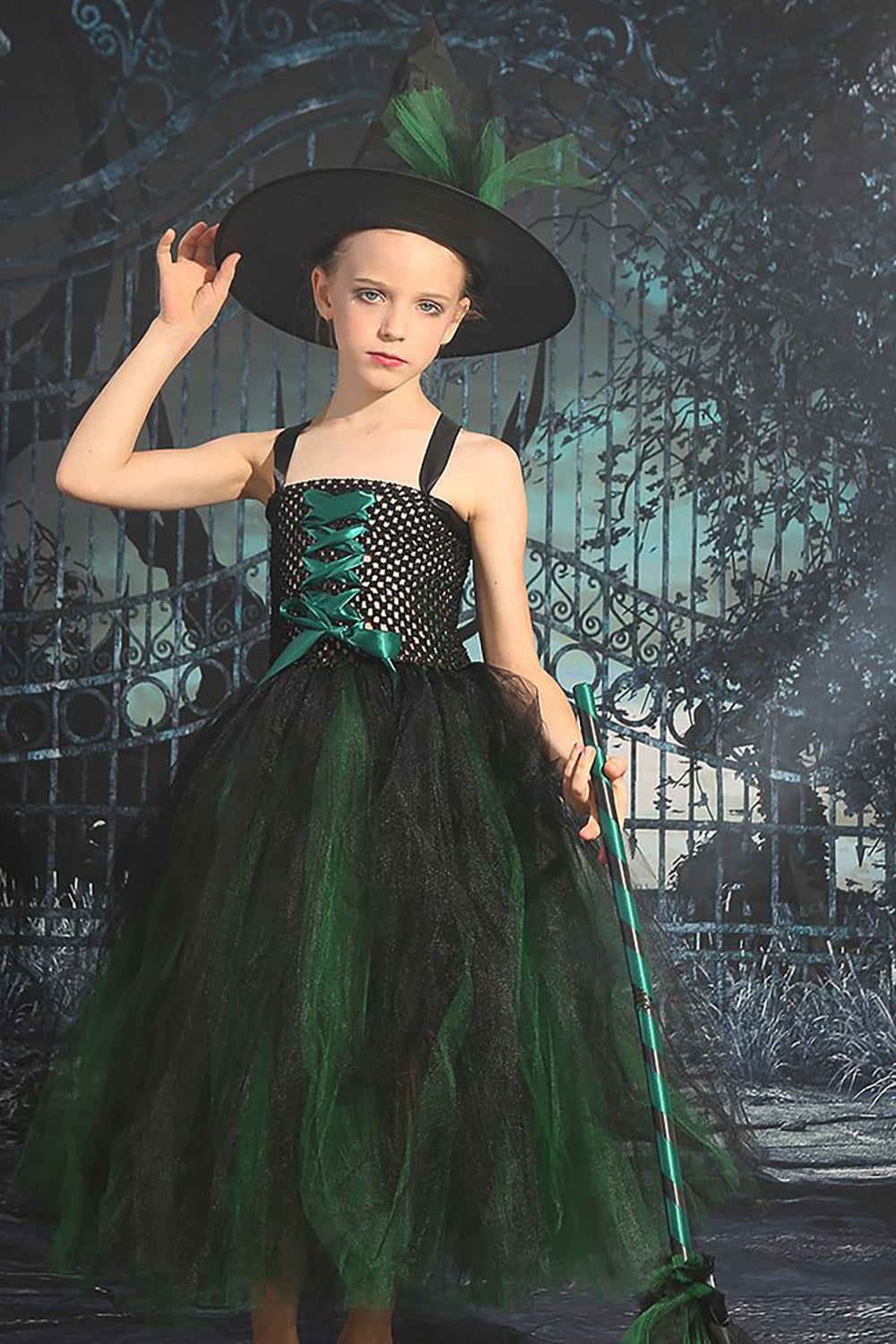 Mörkgrön snörning fram Tyll Halloween flicka klänning