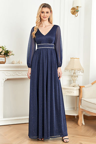 Eleganta Långärmade Marinblå Brudens Mor klänning