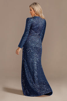 Glitter Marinblå Brudens Mor klänning med långa ärmar