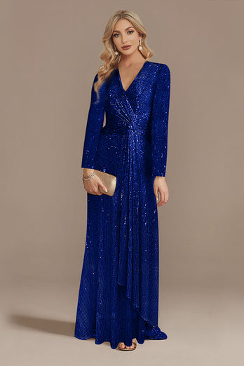 Glitter Marinblå Brudens Mor klänning med långa ärmar