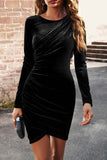 Svart Bodycon Rund Hals Långärmad Sammet Party Klänning