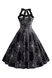 Halloween Mönster Svart Halter Neck Vintage Klänning