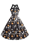 Halloween Mönster Svart Halter Neck Vintage Klänning