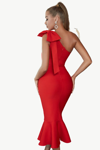 Röd One Shoulder Mermaid Cocktail Klänning med Bow Knot
