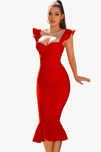 Röd Älskling Mermaid Midi Korsett Cocktail Klänning