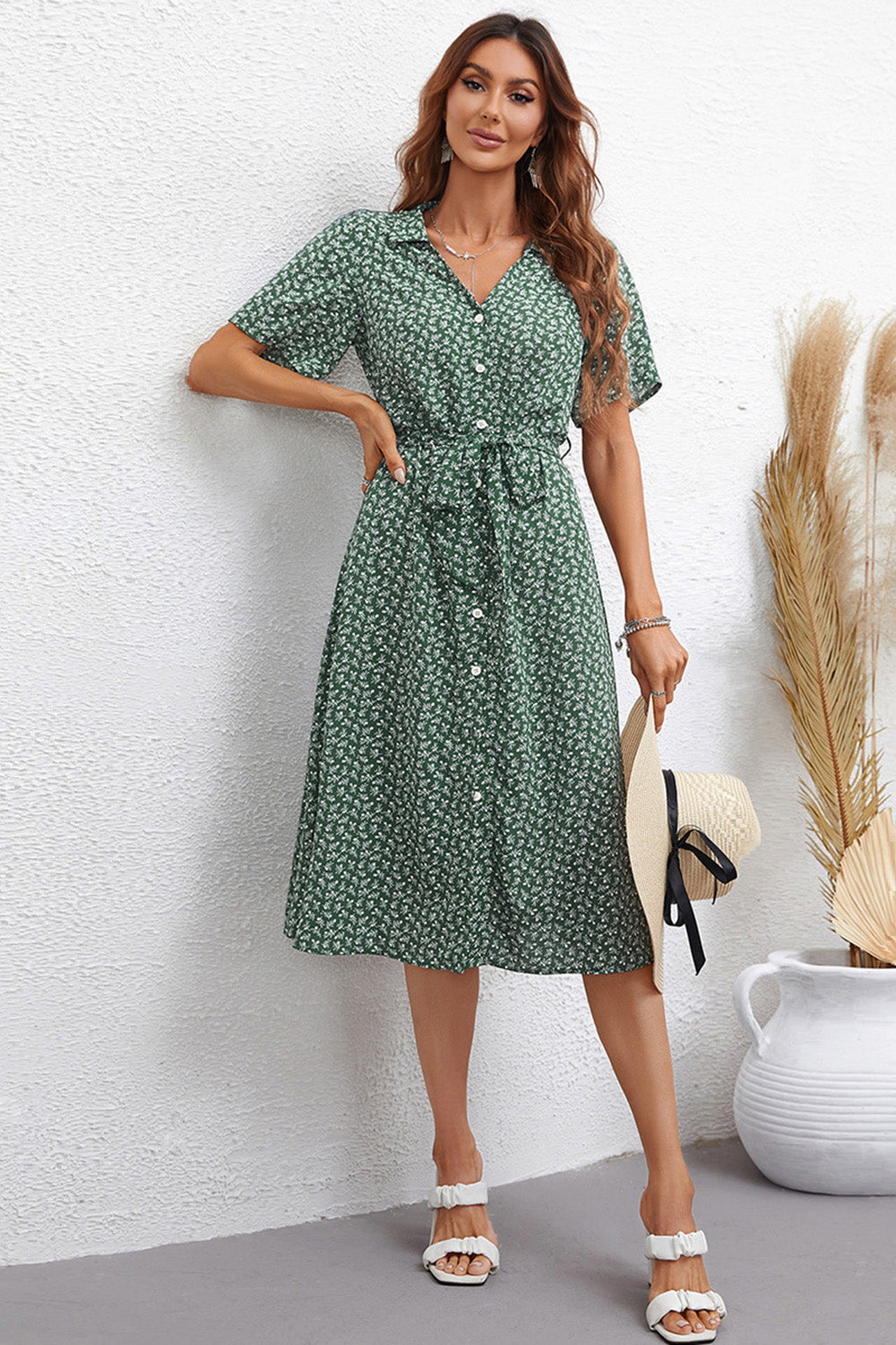 Grön tryckt V-Neck Short Sleeves Summer Dress