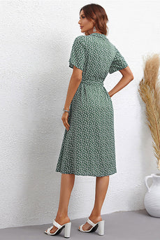 Grön tryckt V-Neck Short Sleeves Summer Dress