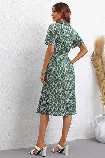 Grön tryckt V-Neck Short Sleeves Summer Dress