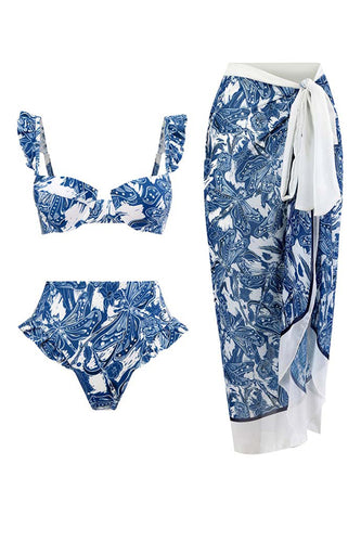 3 stycken blå tryckt bikini set slips strandklänning