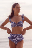 3 stycken blå tryckt bikini set slips strandklänning