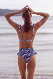 3 stycken blå tryckt bikini set slips strandklänning
