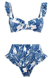 3 stycken blå tryckt bikini set slips strandklänning