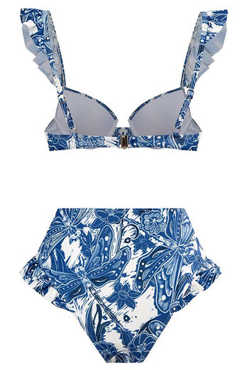 3 stycken blå tryckt bikini set slips strandklänning