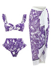 3 stycken blå tryckt bikini set slips strandklänning