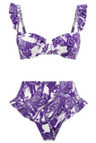 3 stycken blå tryckt bikini set slips strandklänning