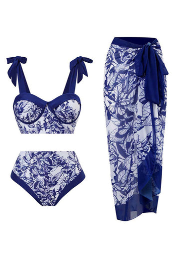 Hög midja tryckt mörkblå 3-delad badkläder set med strandklänning