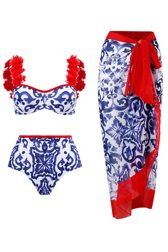 3-delad blå- och vitporslinstryckande badkläder med strandklänning