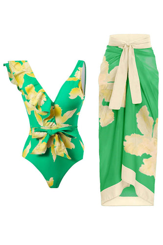 Tvådelad tryckt grön bikiniuppsättning med strandkjol
