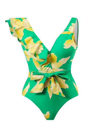 Tvådelad tryckt grön bikiniuppsättning med strandkjol