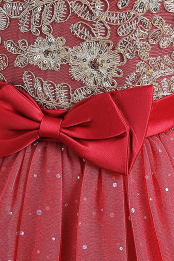 Röd en linje pärlstavad tjejklänning med rosett
