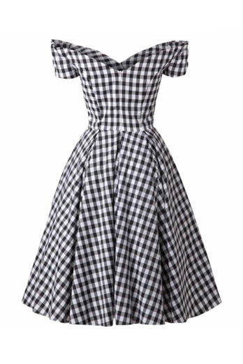 Svart Gingham Av Axeln Vintage 1950-Tals Klänning