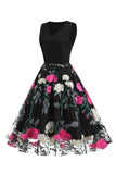 Fuchsia och Svart Blommig Vintage 1950-Tals Klänning