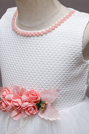 Rosa Tyll Ärmlös Blomma Flickklänning Med Rosett