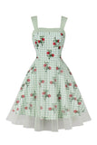Grön Blommig Tryck Pläd Swing 1950-Tals Klänning
