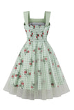 Grön Blommig Tryck Pläd Swing 1950-Tals Klänning