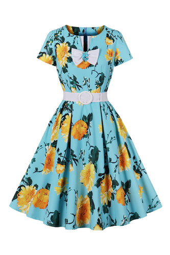 Blå Blomtryck Kortärmad Vintage Klänning