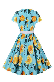 Blå Blomtryck Kortärmad Vintage Klänning