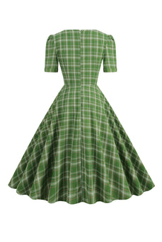 Grön Rutig Kortärmad 1950-Tals Klänning med Bowknot