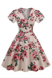 Rosa V Hals Blommönster Swing Vintage Klänning