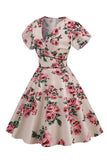 Rosa V Hals Blommönster Swing Vintage Klänning