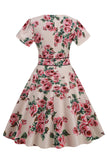 Rosa V Hals Blommönster Swing Vintage Klänning
