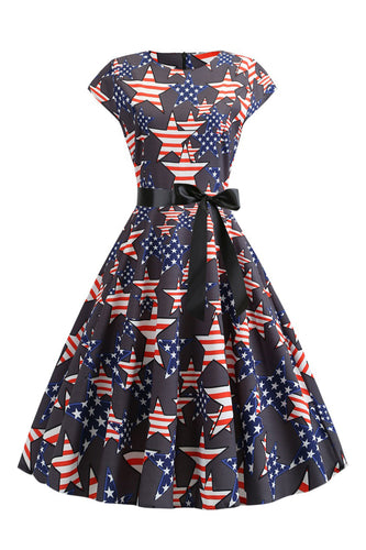 Svart Keps ärmar Amerikansk Flagga Tryckt Vintage Klänning