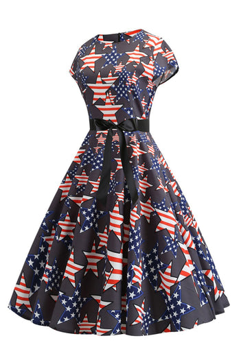 Svart Keps ärmar Amerikansk Flagga Tryckt Vintage Klänning