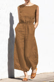 Damer ärmlös elastisk midja vida ben jumpsuit