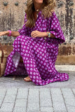 Lila tryckt Boho Puff Sleeve Lös Lång Klänning
