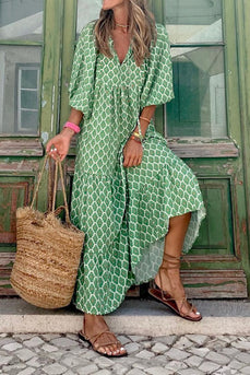 Grön tryckt Boho puffärm lös lång klänning