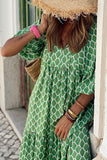 Grön tryckt Boho puffärm lös lång klänning
