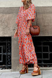Orange tryckt Boho puffärm lös lång klänning