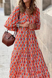 Orange tryckt Boho puffärm lös lång klänning