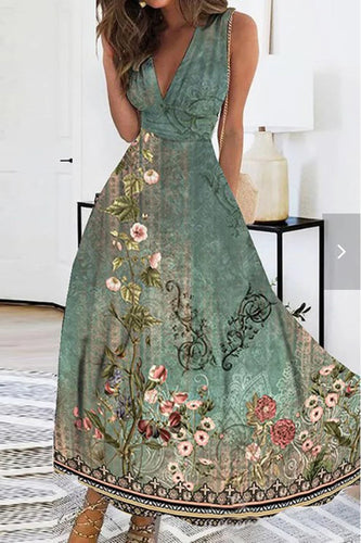 V-ringning blommig tryckt grön boho ärmlös lång klänning