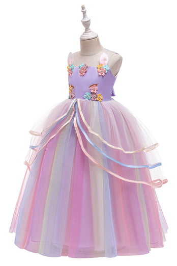Rosa A-Linje Tyll Flicka Festklänning med 3D-Blommor