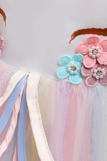 Rosa A-Linje Tyll Flicka Festklänning med 3D-Blommor