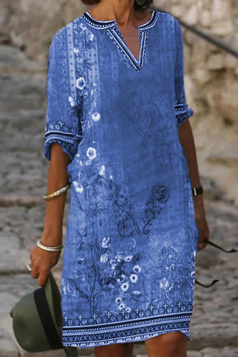 Etnisk tryckt kortärmad knälängd avslappnad klänning