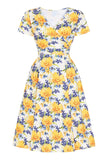 V-hals Blomma Tryckt Gul Kortärmad Vintage Klänning
